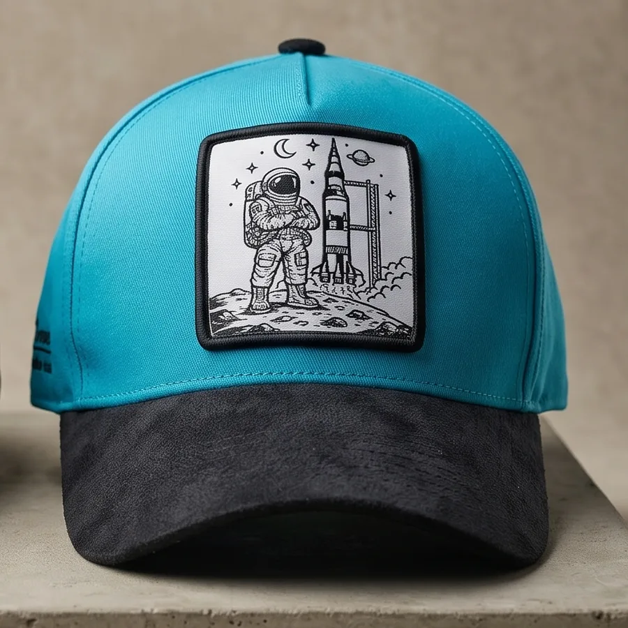 Gorra Envíame a Mí: copa turquesa, visera de gamuza sintética negra y parcho de un astronauta junto a un cohete